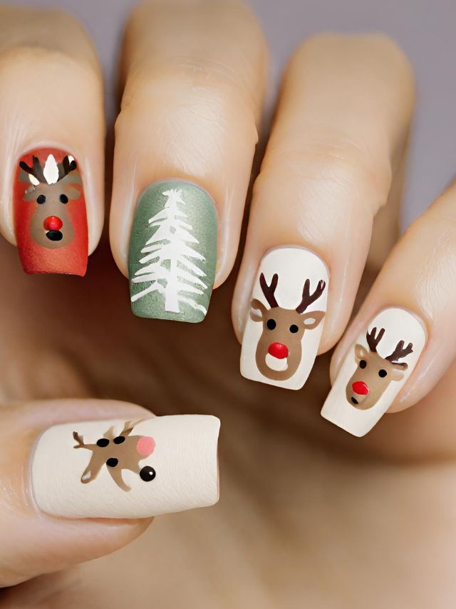 A woman's nails are decorated with reindeer and christmas trees.
