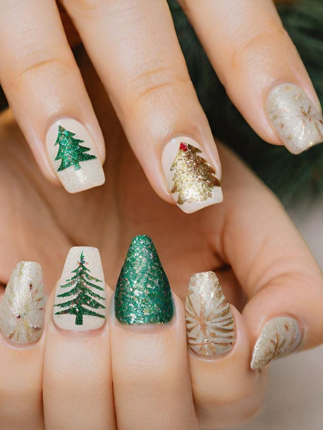 A woman's nails with christmas tree designs on them.