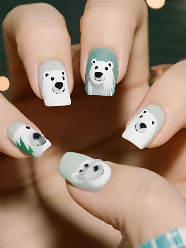 A woman's nails are decorated with polar bears.
