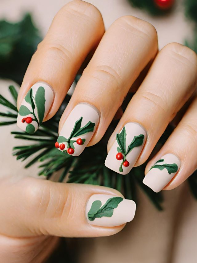 A woman with holly leaves on her nails.