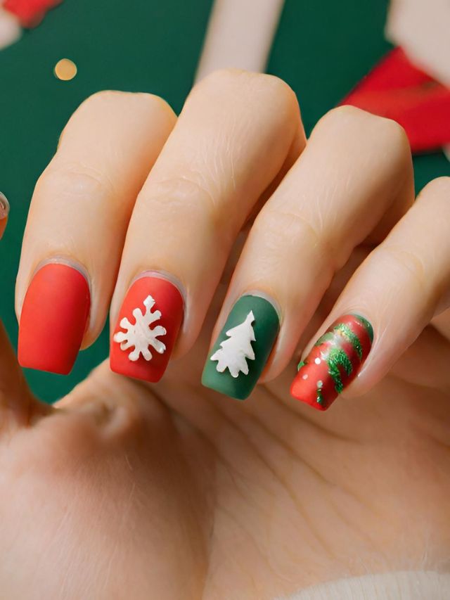 A woman is holding a red and green christmas nail design.