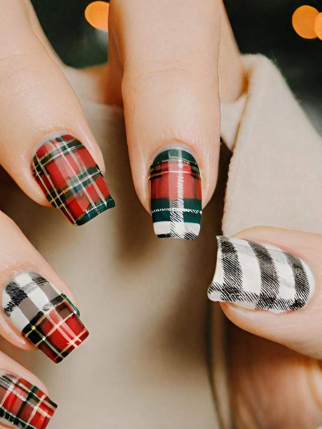 A woman's nails with plaid designs on them.