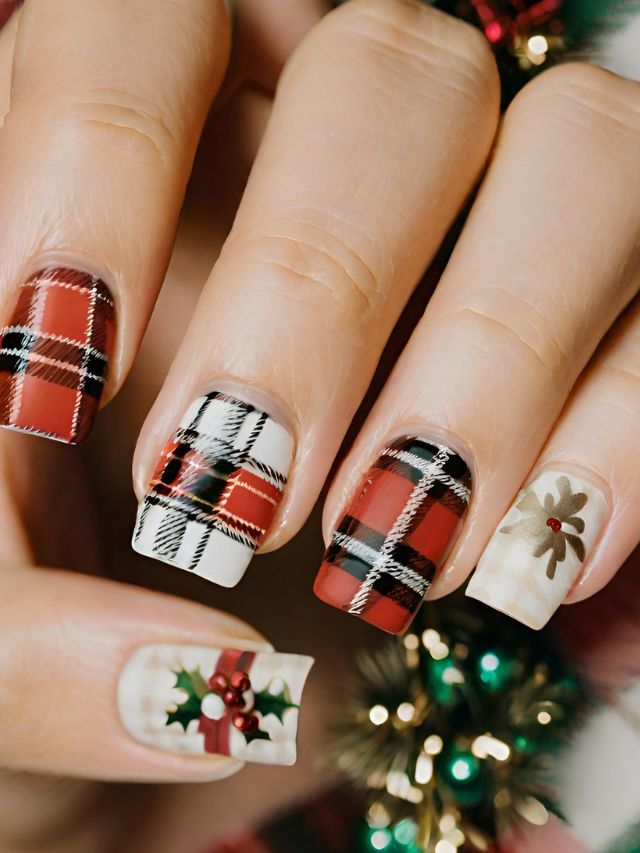 A woman's nails are decorated with plaid and holly designs.