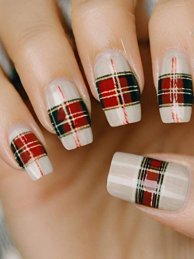 A woman's nails with plaid designs on them, featuring simple and easy Christmas nail ideas.