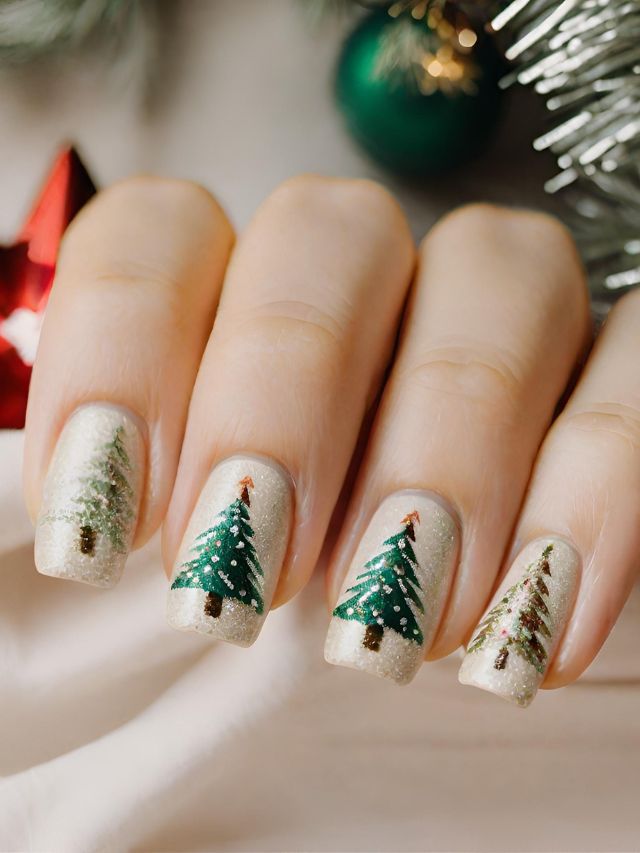 A woman's nails adorned with simple Christmas tree designs.