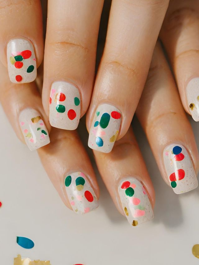 A woman's nails with multicolored confetti for simple Christmas nail ideas.