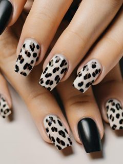A woman's hand with black and leopard print nails.