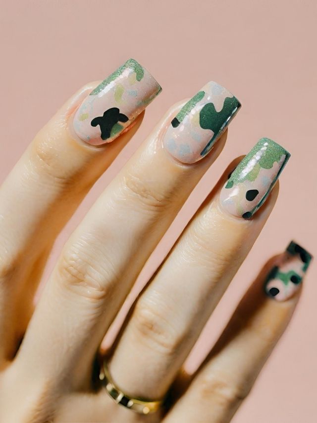 A woman's hand with camouflage nail art.