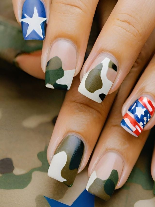 A woman's nails are decorated with camouflage and stars.