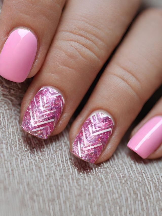 A woman's hand showcasing a chic chevron nail design with pink and silver nail polish.