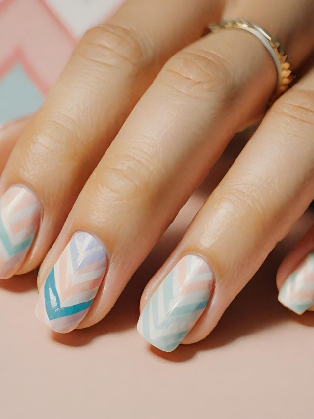 A woman's nails adorned with stylish chevron nail designs.
