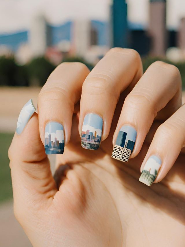 A woman is holding up a nail with a city skyline on it.