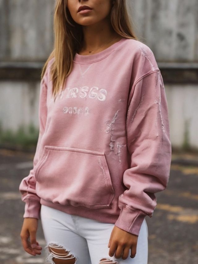 A woman wearing a pink sweatshirt and white ripped jeans.