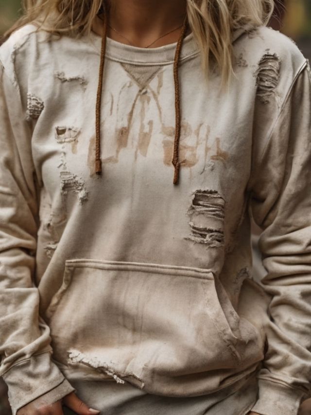 A woman wearing a beige distressed hoodie.