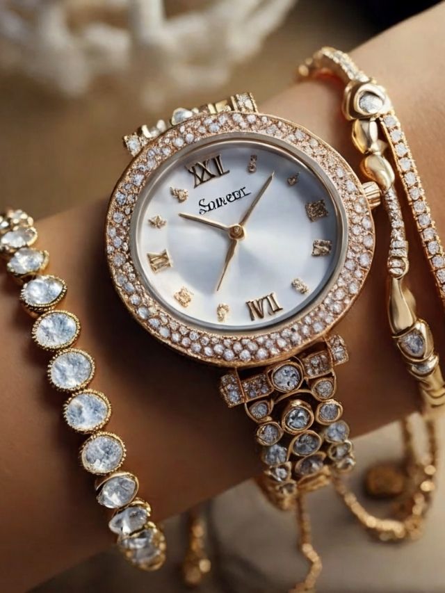 A woman's wrist with a gold watch and bracelets.