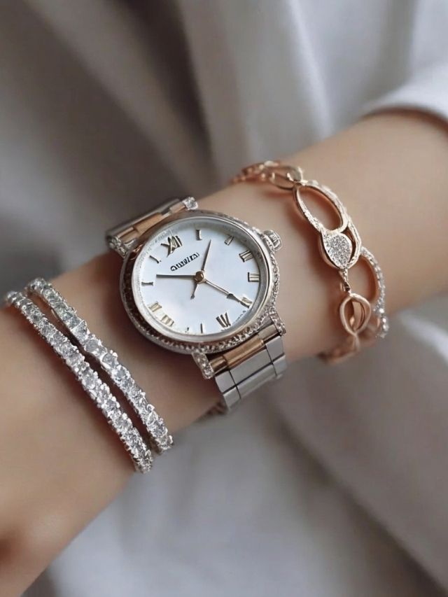 A woman's wrist with three bracelets and a watch.