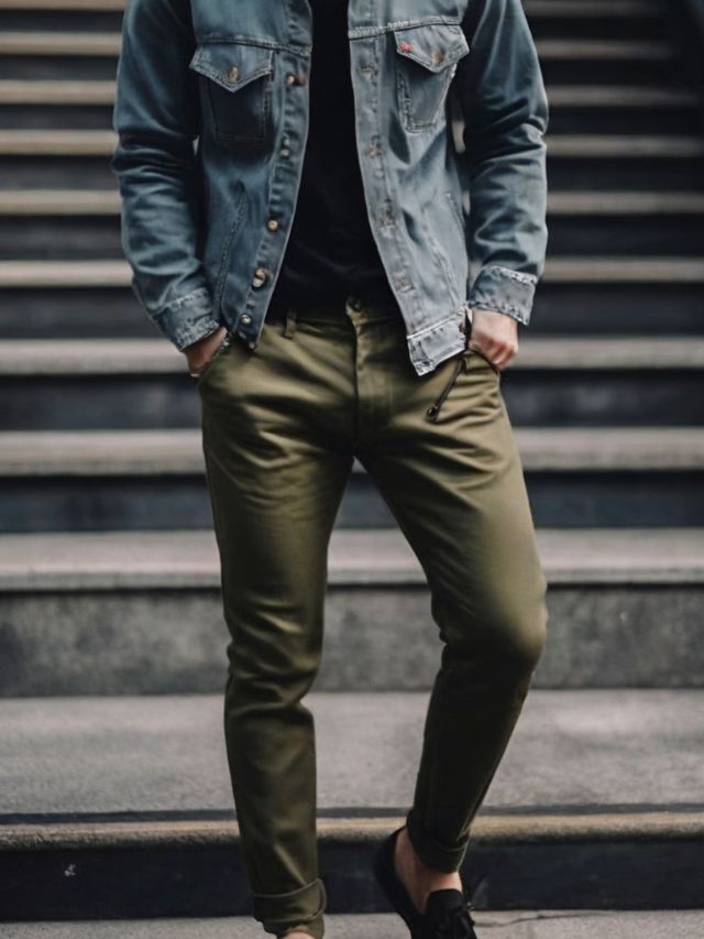 A man wearing khaki pants and a denim jacket.