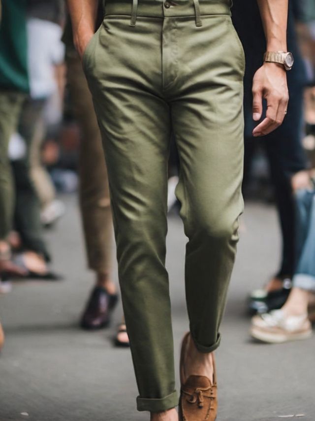 A man in green pants walking down the street.