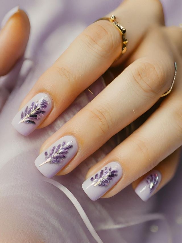 A woman's nails with lavender leaves on them.