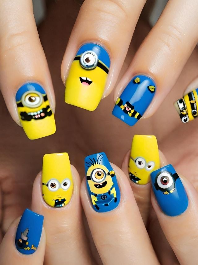 A woman's nails are decorated with minion nail art.
