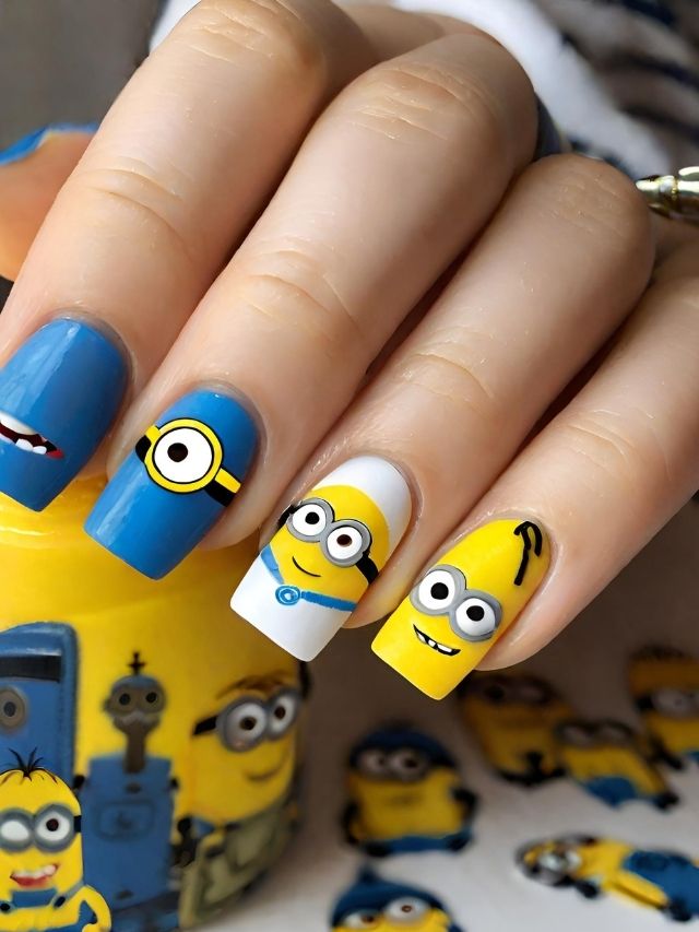 A woman is holding a nail with minions on it.