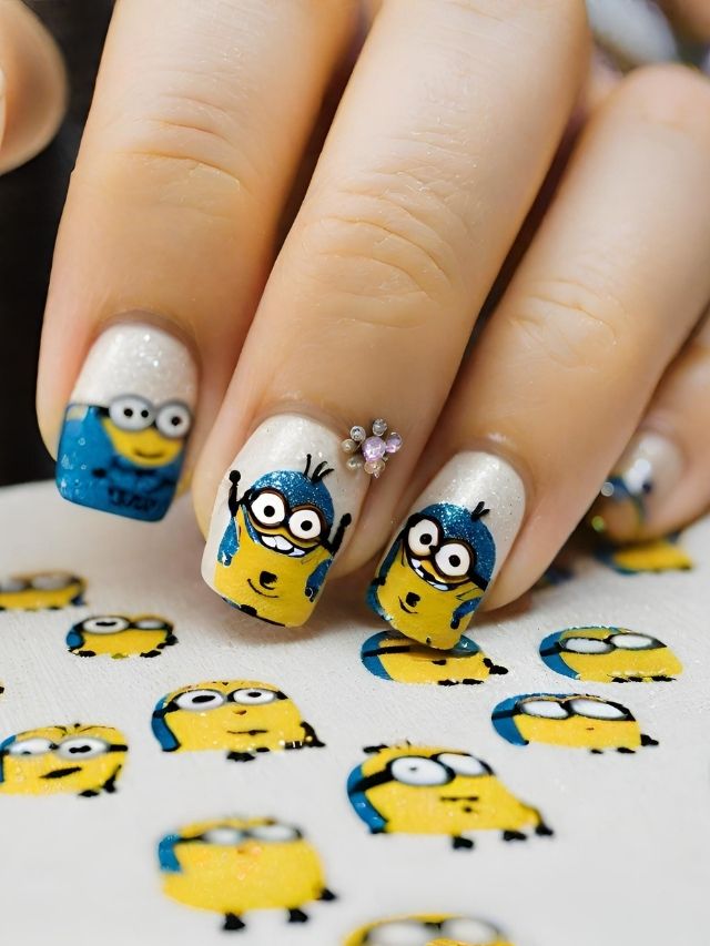Minion nail stickers on a woman's nails.