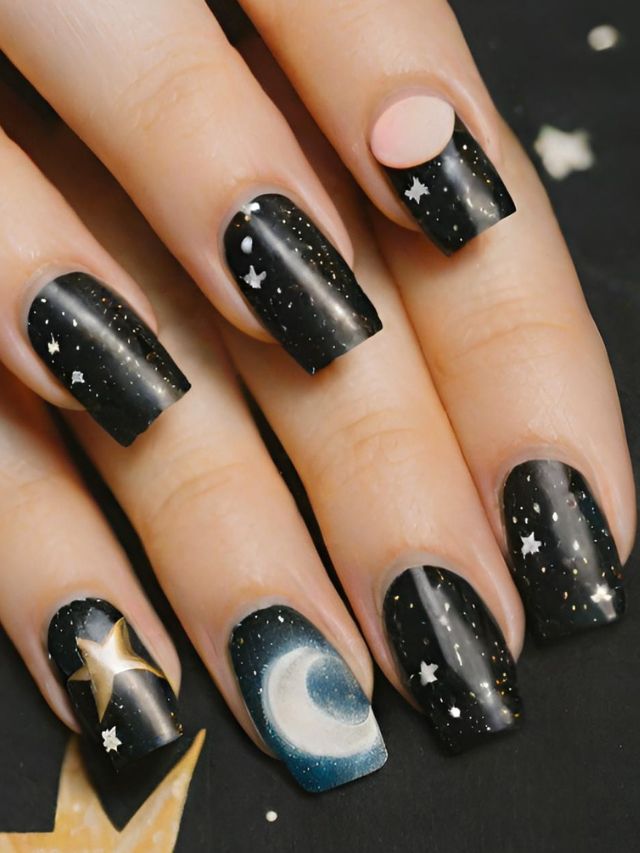 A woman's nails with stars and moons on them.