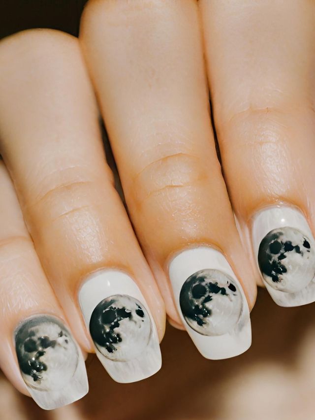 A woman is holding up a white nail with a moon on it.