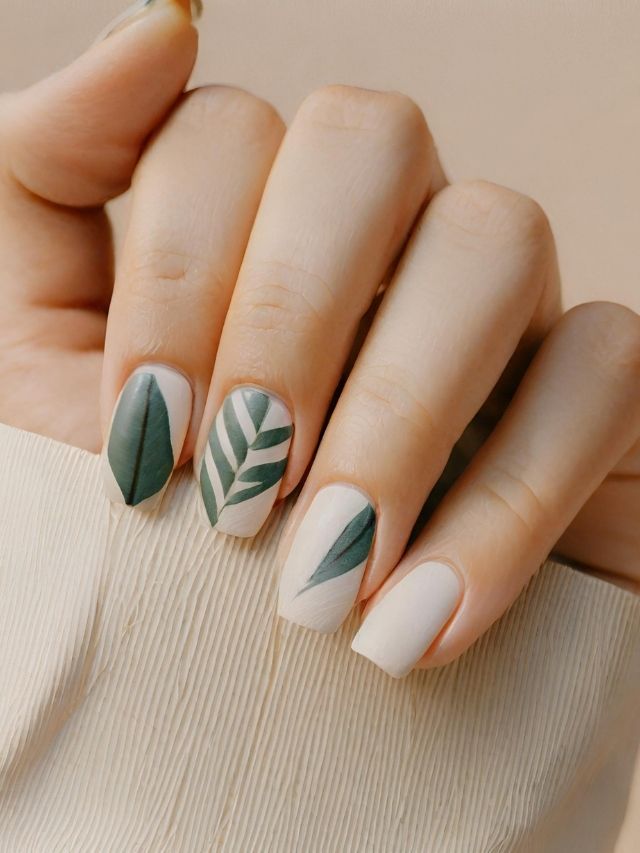 A woman's hand with white and green leaves on her nails.