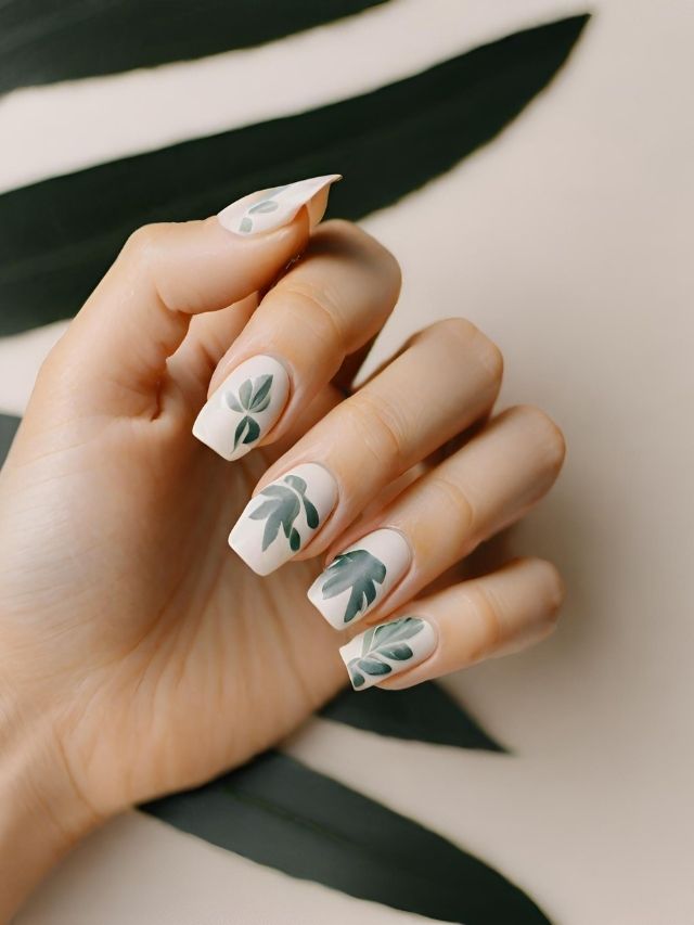 A woman's hand with green leaves on her nails.