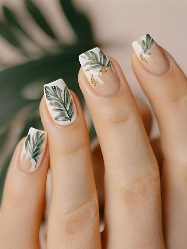 A woman's nails with palm leaves on them.