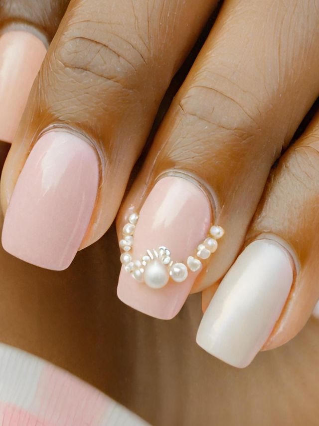 A woman's pink and white nails are decorated with pearls, following the latest trend of painting one nail a different color.