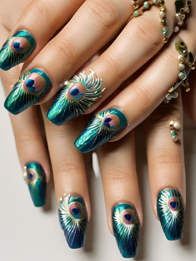 Peacock feathers on a woman's nails.
