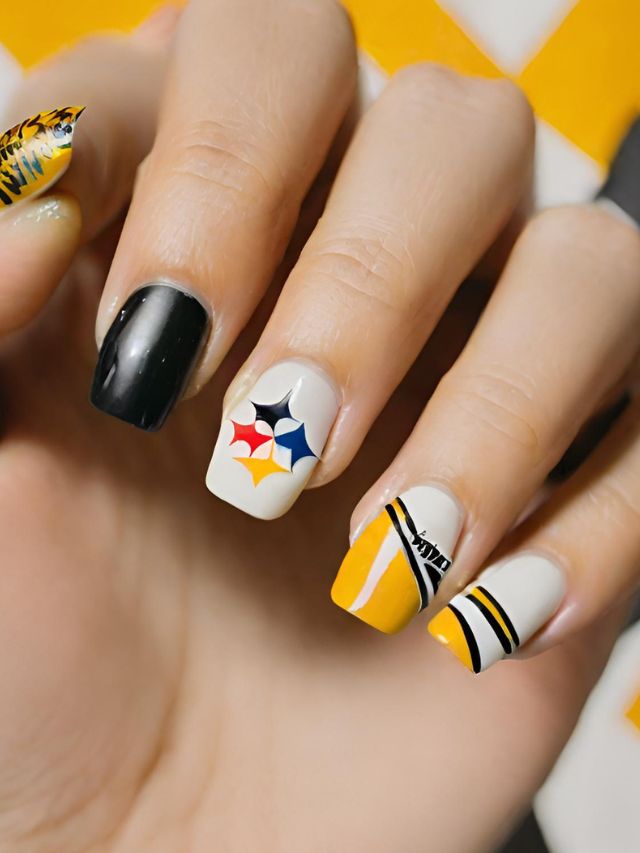 Explore striking nail art designs inspired by the Pittsburgh Steelers.