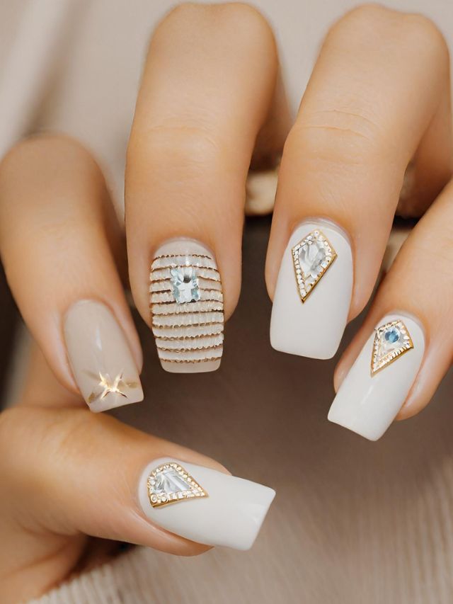 A woman's white nails with diamonds and gold accents.