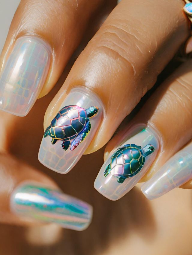 A close up of nails with a turtle design.