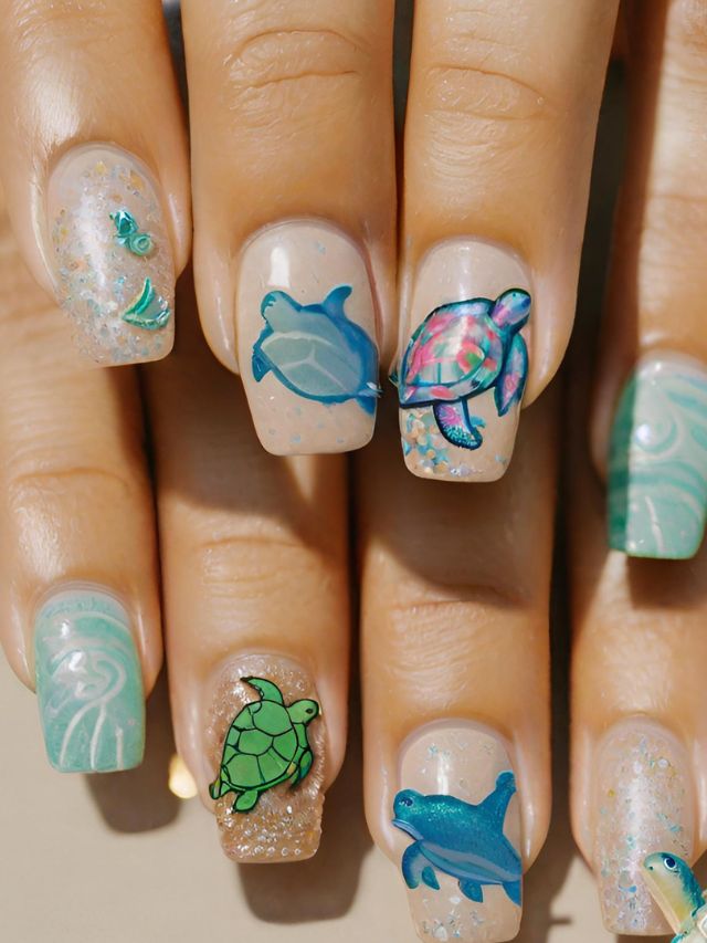 A close up of nails with turtle nail design.