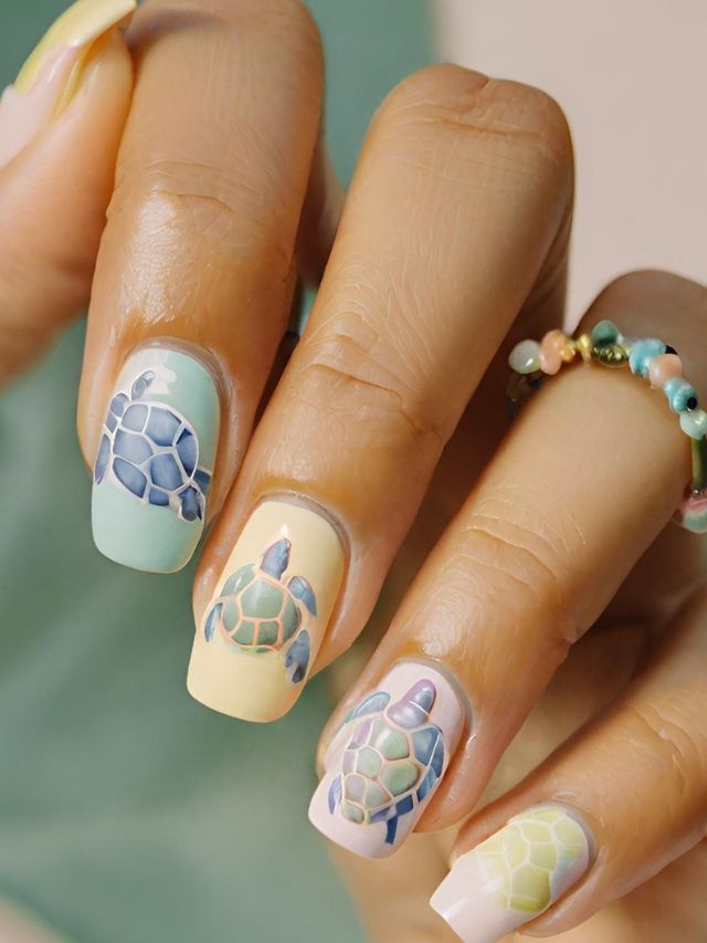 A close up of nails with turtle nail art designs painted on them.