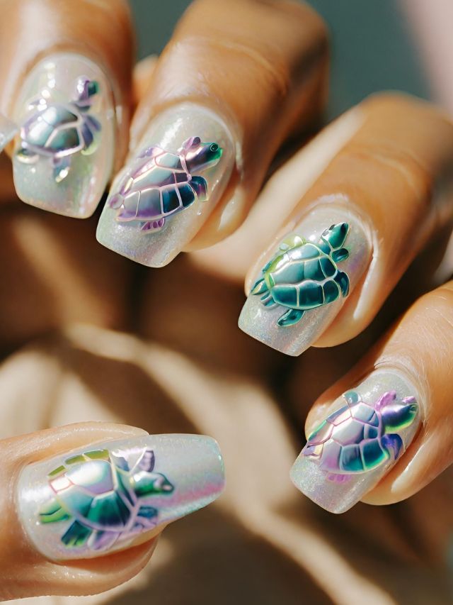 A close up of nails with turtle nail art designs.