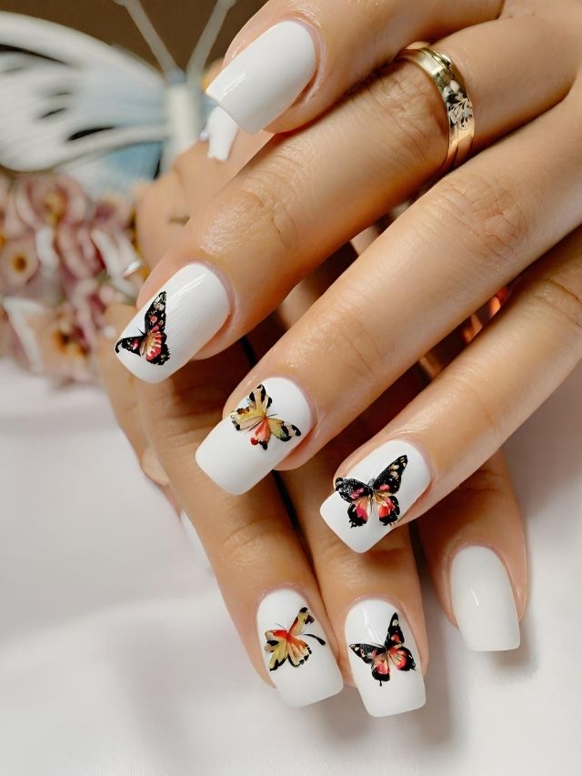 A woman's nails with butterfly designs on them.