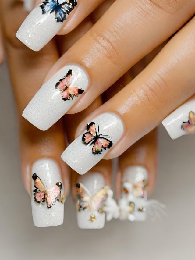 A woman's white nails with butterflies on them.