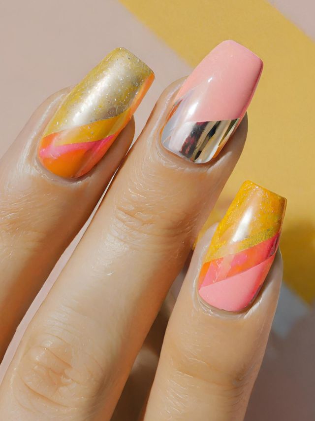 A woman's hand with pink and yellow nail polish.