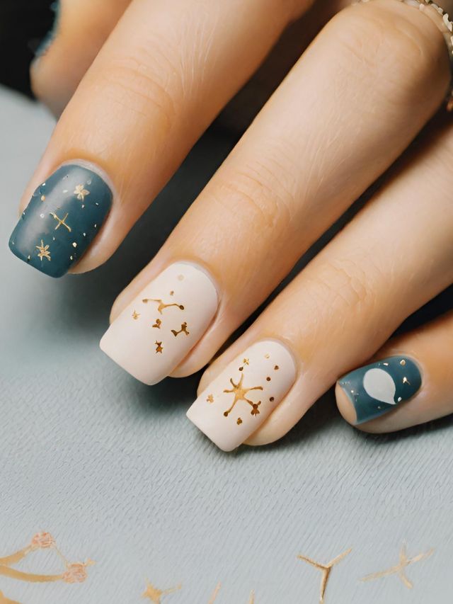 A woman's nails adorned with stars and constellations, showcasing stunning zodiac nail designs.