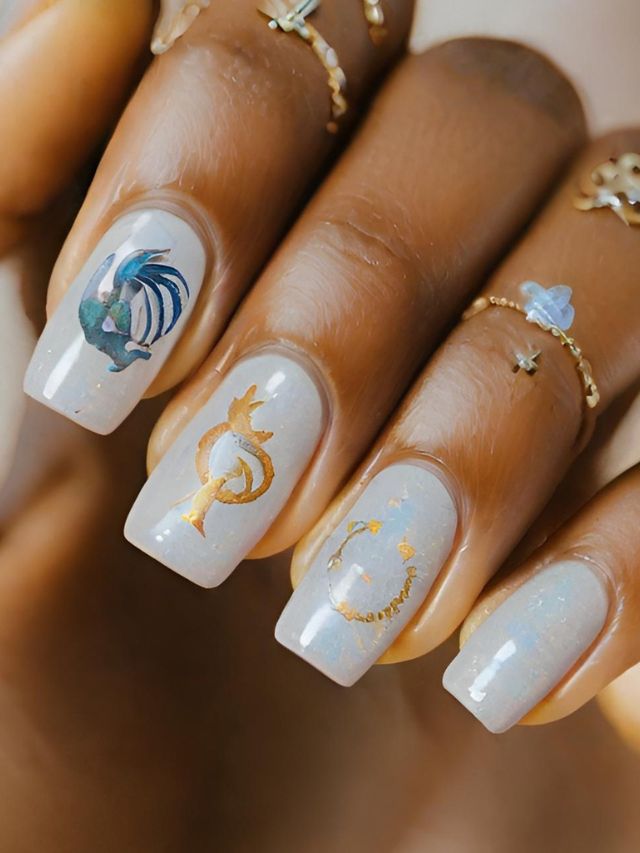 A woman's nails showcasing a zodiac-inspired design.