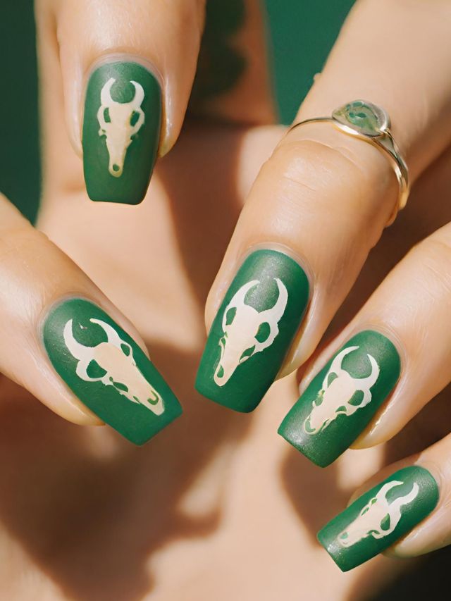 A woman displaying a zodiac-themed nail design with gold skulls on a green background.