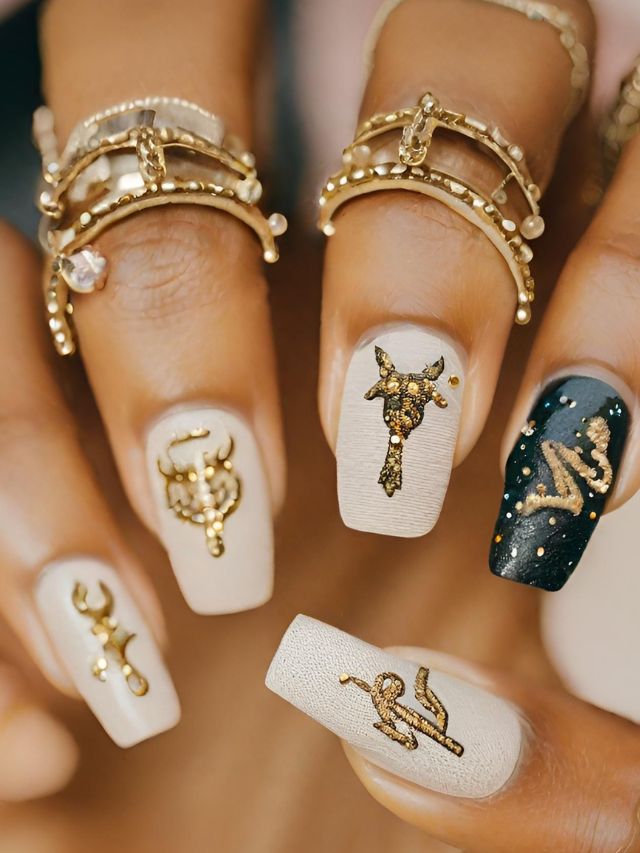 A woman's nails are adorned with zodiac sign nail designs and gold rings.