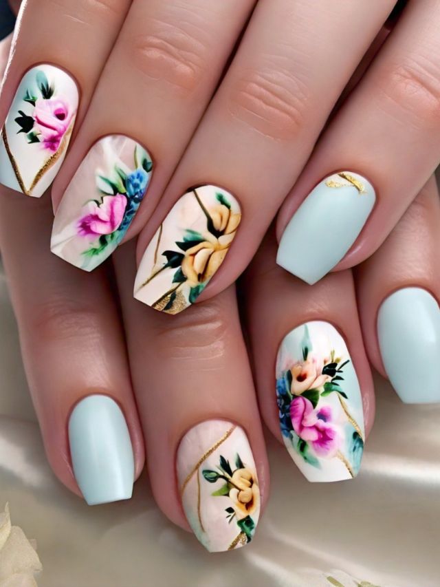 Luxury nail designs ideas featuring flowers.