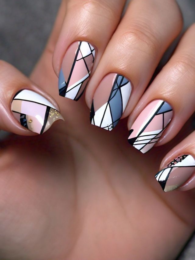 A woman's nails adorned with luxurious geometric designs, offering exquisite nail design ideas.