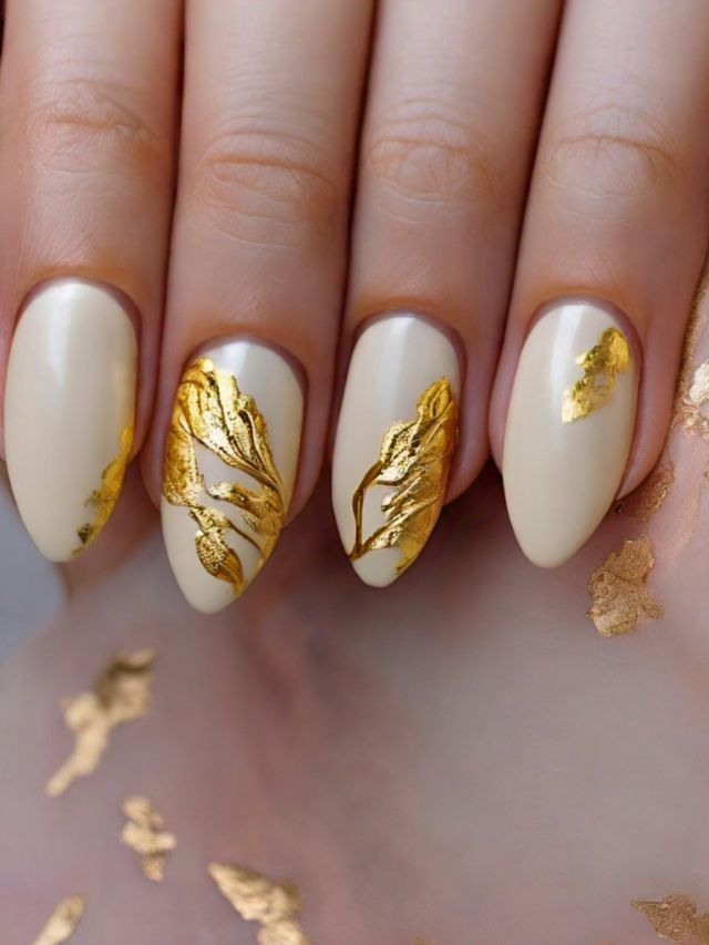 Luxury nail designs with gold leaf ideas for women.