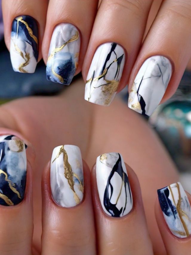 Luxury nail designs with gold and white marble ideas for women.